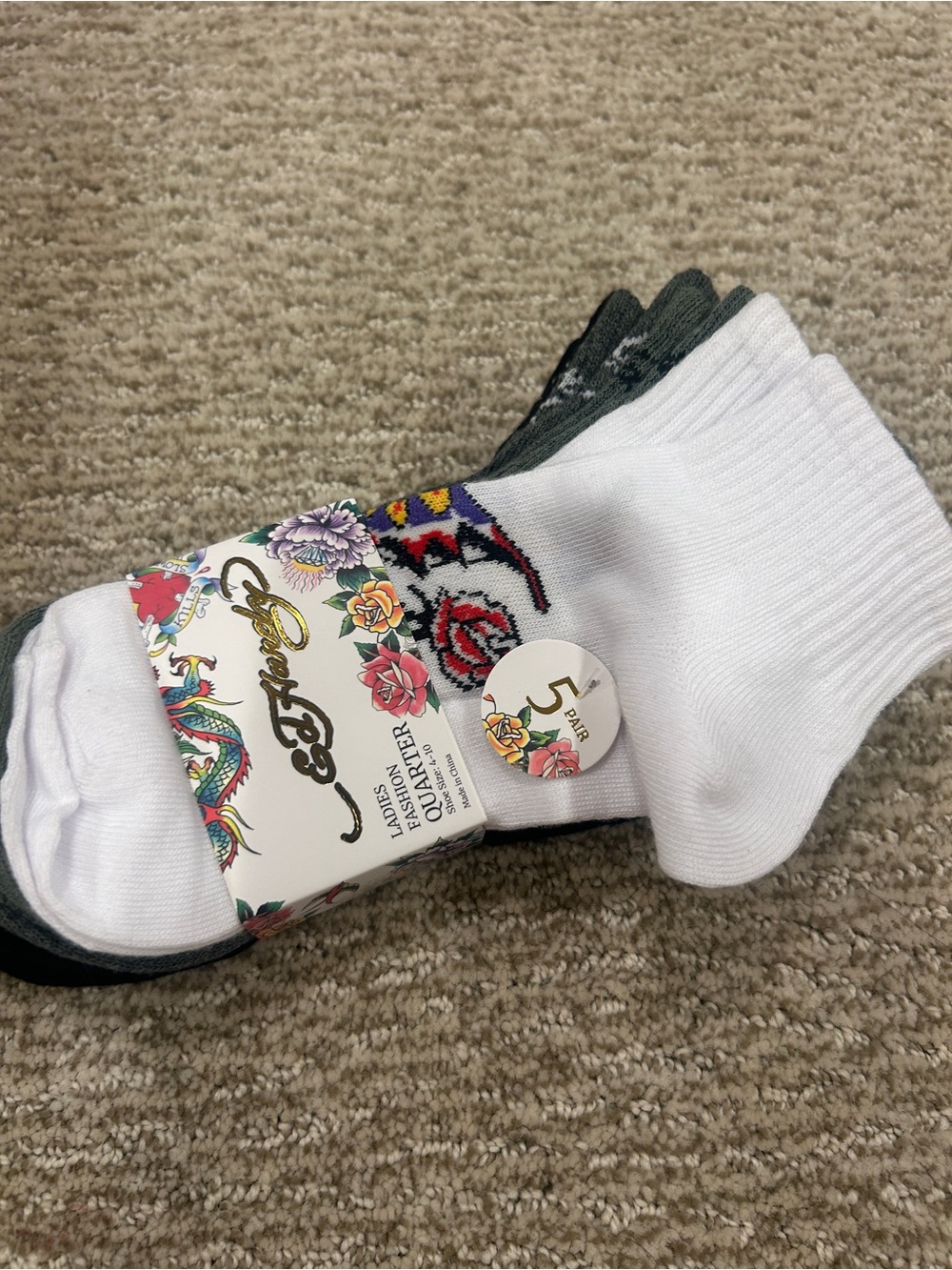 Ed Hardy White Crew Socks with Floral Logo Accents